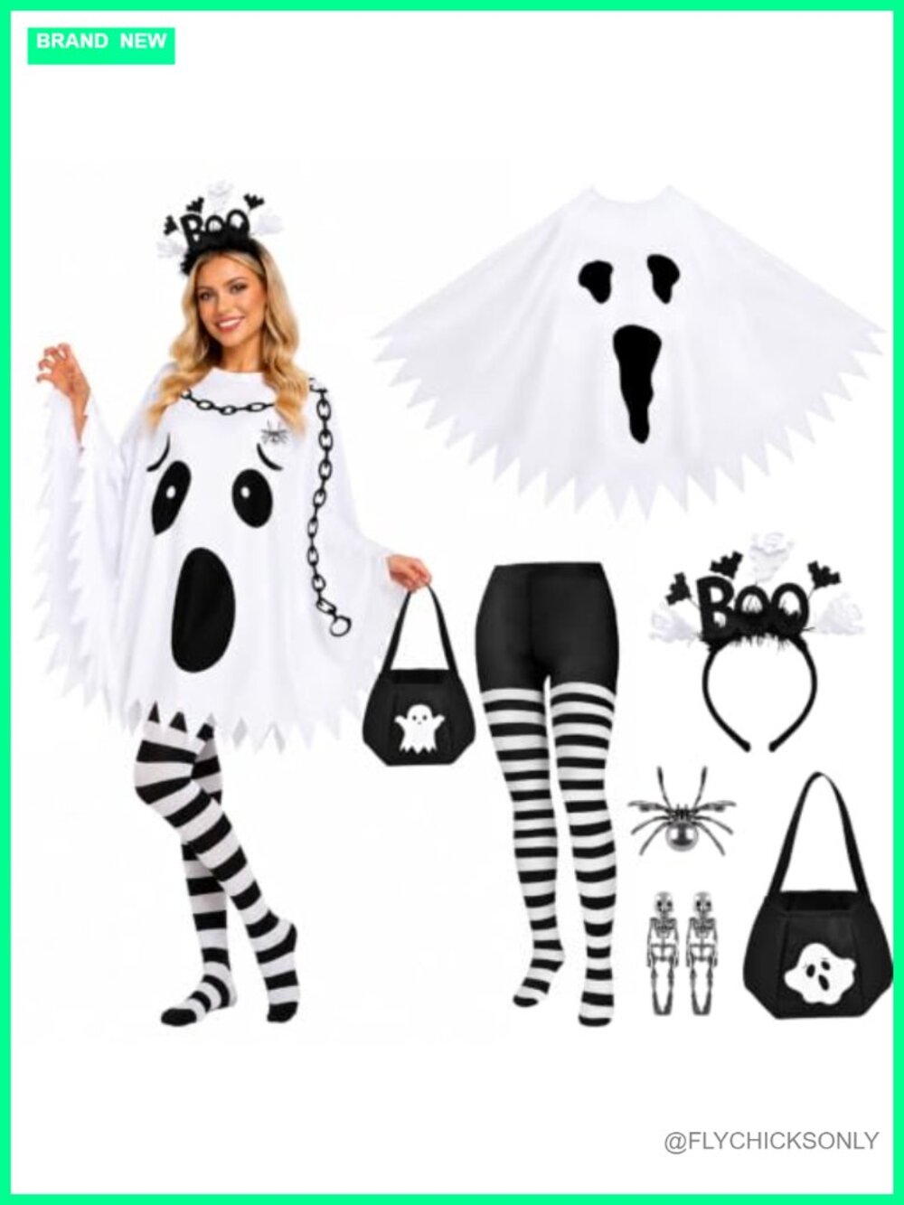 Ghost Halloween Costume Set Women Poncho Headband Tights